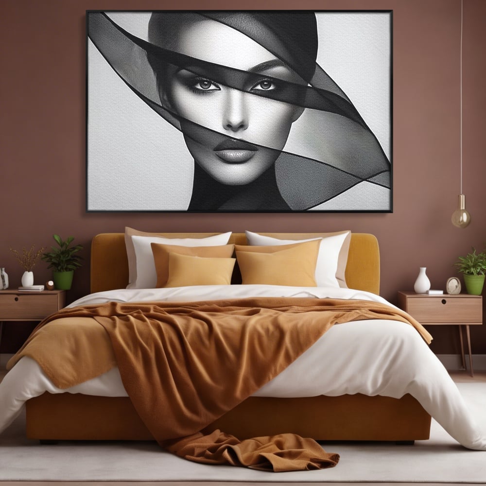 Tablou canvas cu tablou canvas cu femeie si voal negru, in rama de aluminiu negru, pe perete intr-un dormitor
